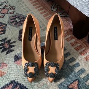 Orange satin heels with grey rhinestones